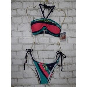 $98 Seekers Australia Jade Green Navy Pink Colorblock Bandeau Bikini 8 NEW S589